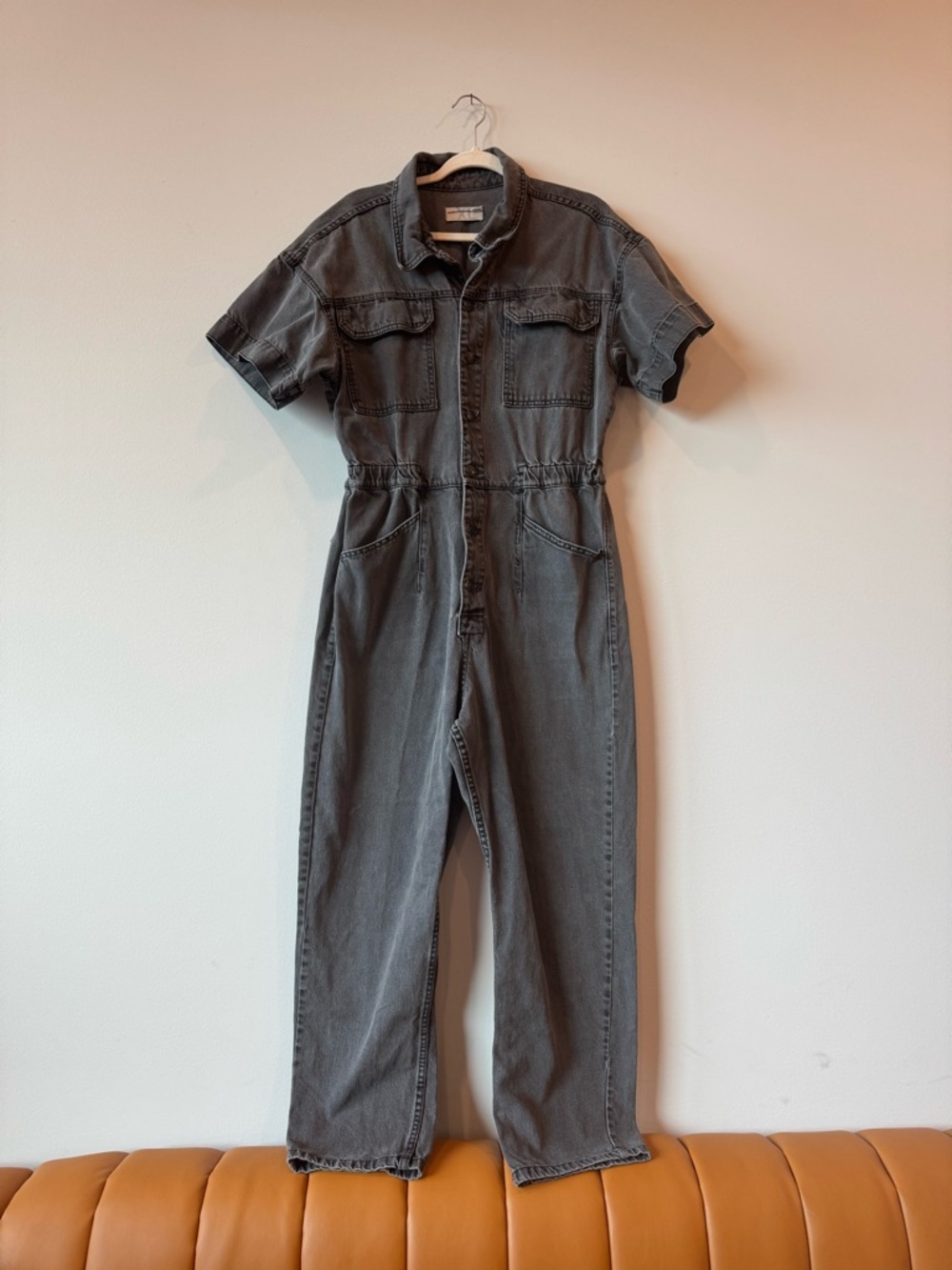 Free People Marci Coveralls Overalls Washed Gray Black Denim Jumpsuit XL
